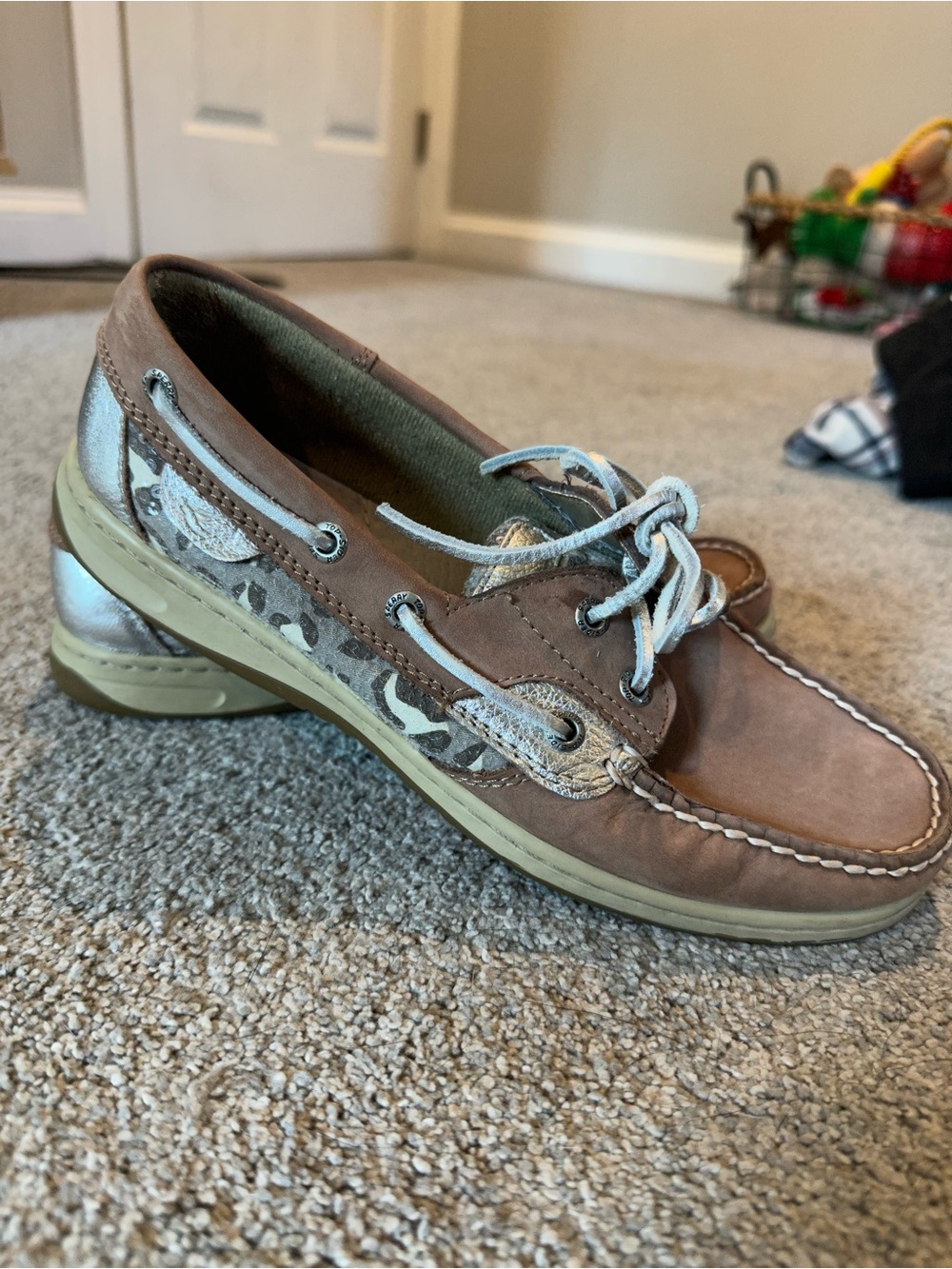 Sperry Brown Leather Moccasins with Camouflage Accent